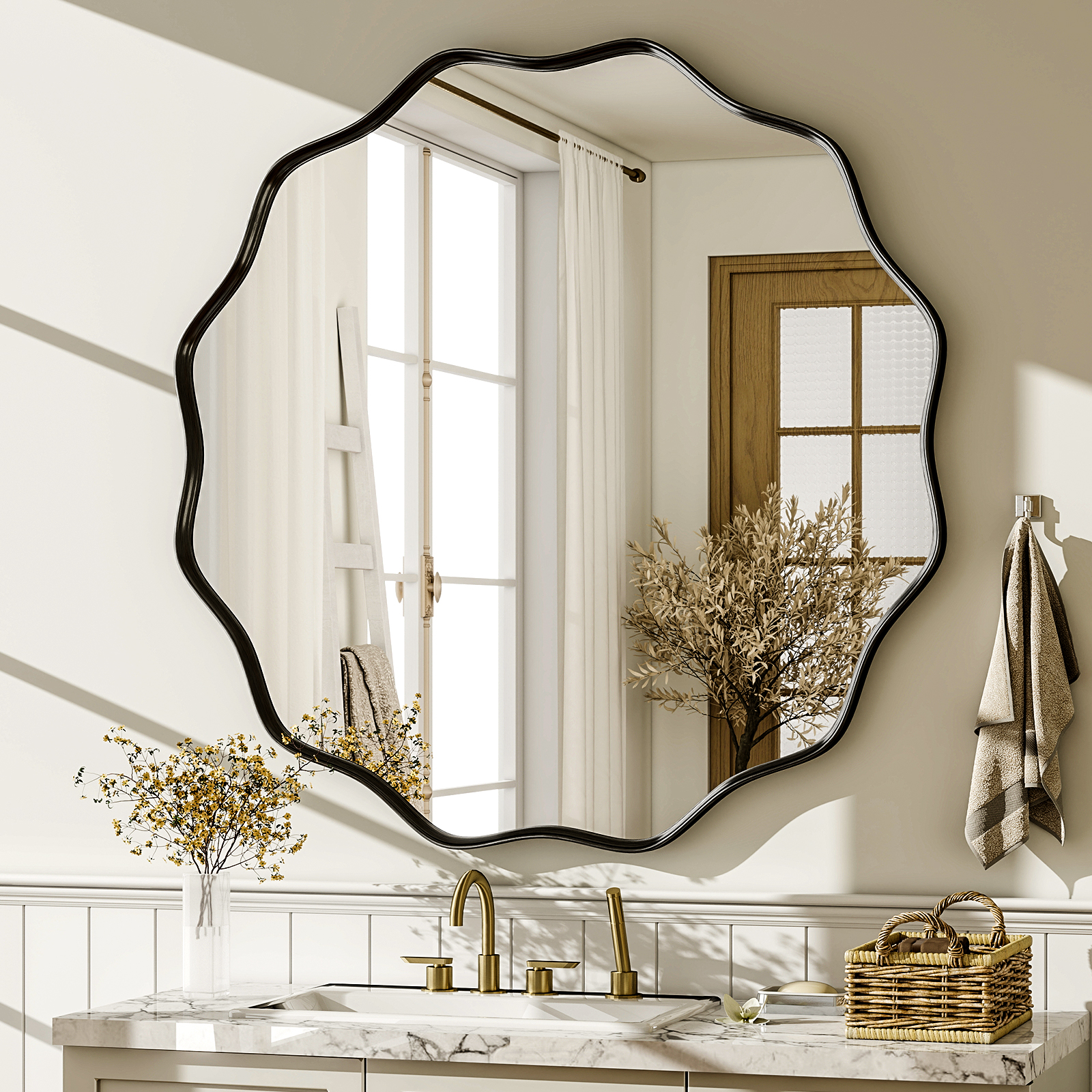 Home Bathroom Furniture - Wavy Round Bathroom Mirror Decorative Wall