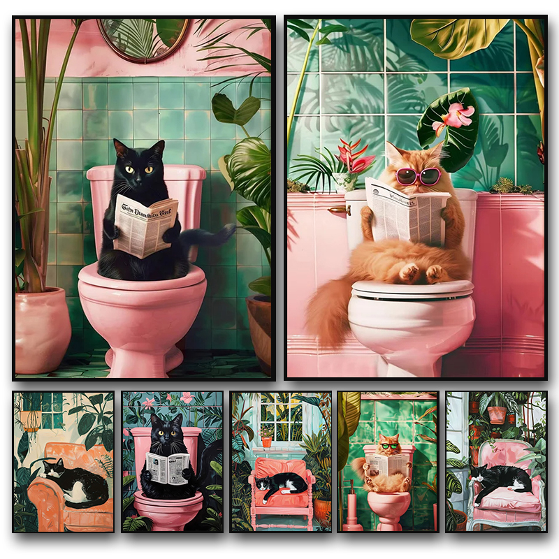 Funny Cat on Toilet Wall Art C - огляд і ціна Home Bathroom Pictures