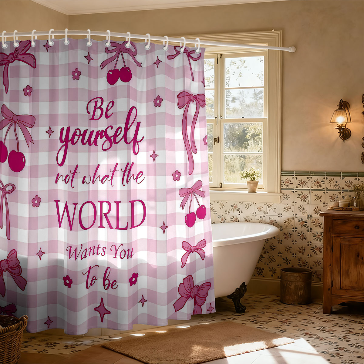 1pc Pink Bow Printed Shower Cu - огляд і ціна Home Bathroom Partition